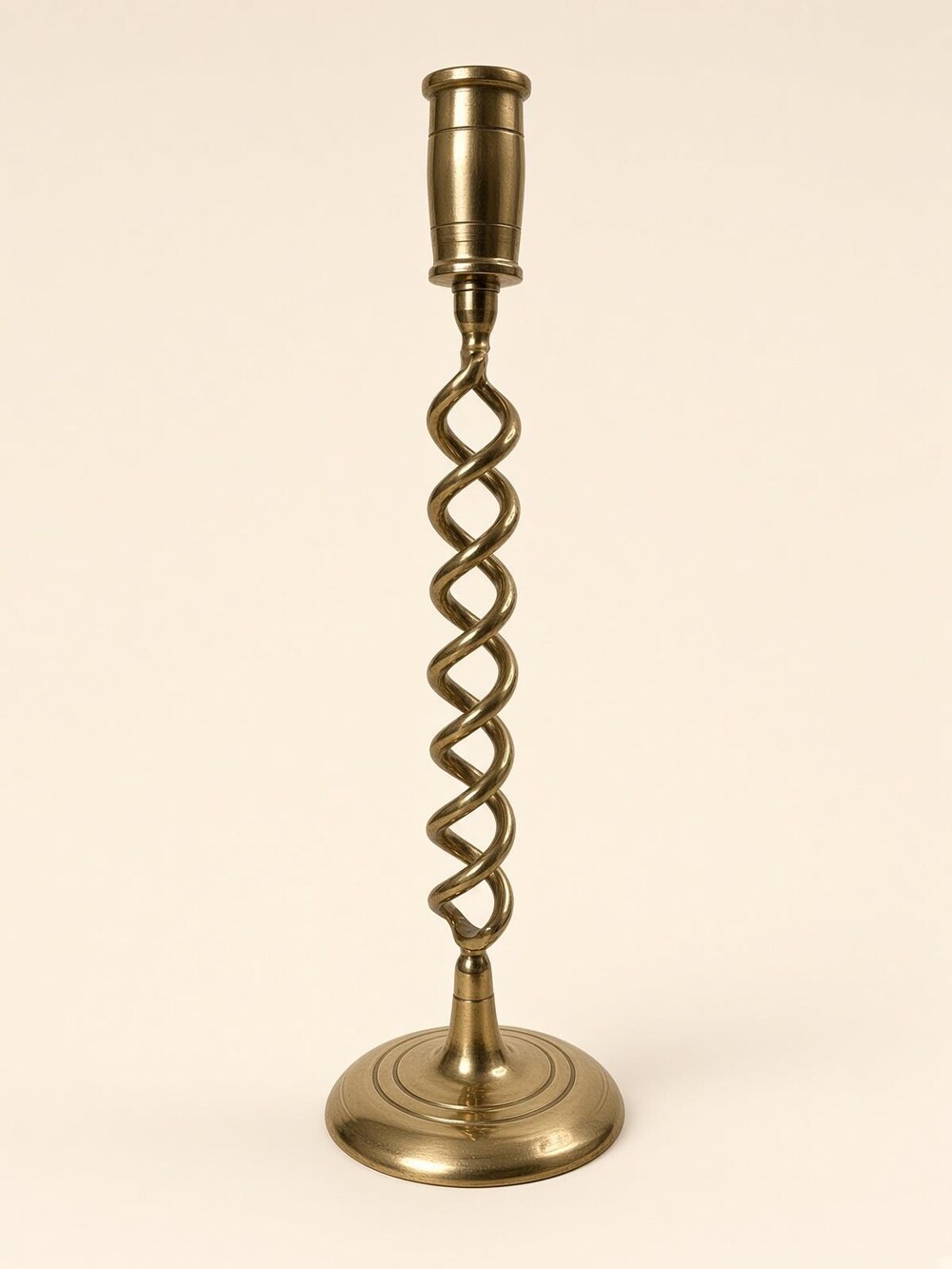 Brass Twist Candlestick, Open Spiral Stem, Round Stepped Base, Tall Holder